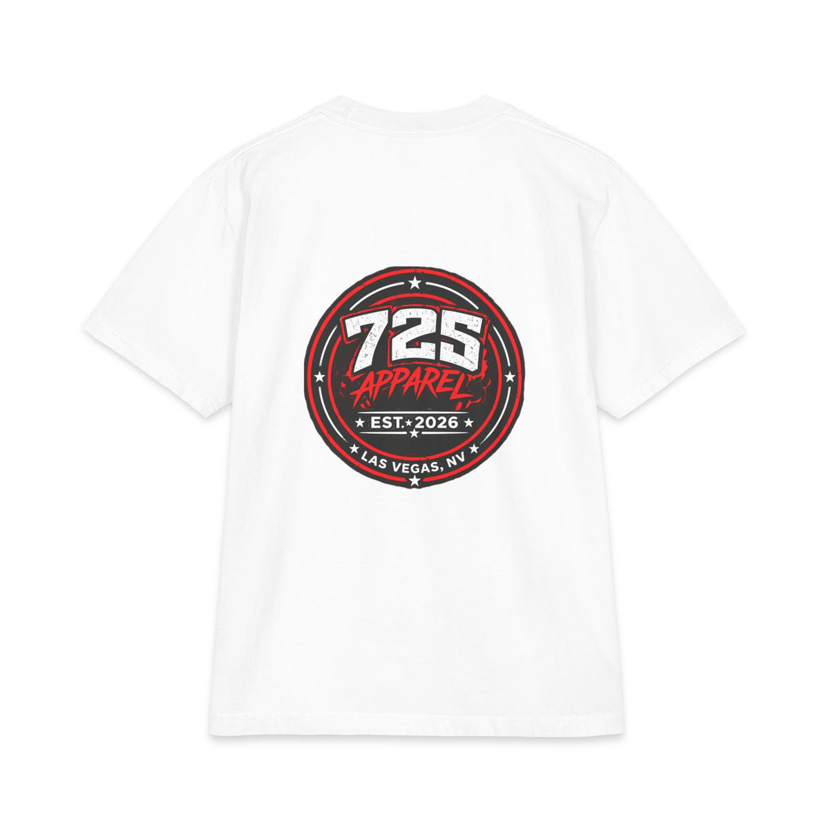 725 Apparel Logo T‑Shirt — Vintage Circular Back Print, Front Chest Emblem