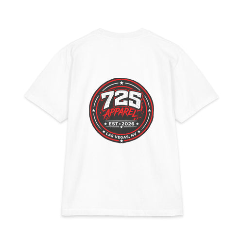 725 Apparel Logo T‑Shirt — Vintage Circular Back Print, Front Chest Emblem